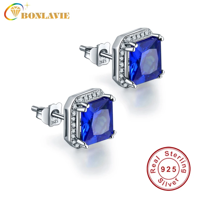 3.8ct камень сапфир серьги-гвоздики для женщин чистый 925 пробы серебро модные ювелирные изделия классические квадратные женские серьги