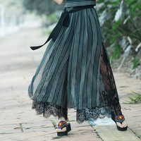 2022 summer elastic waist belted chiffon skirts pants casual loose lace patchwork wide leg pants women vintage striped trousers