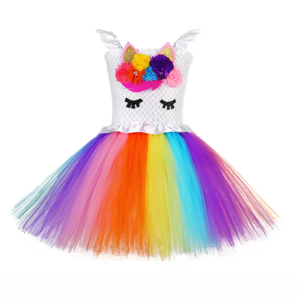 Bright Rainbow Pony Unicorn Birthday Dress for Teens White Ruffles Wedding Girls 12 Age Pattern Tutu | Детская одежда и обувь