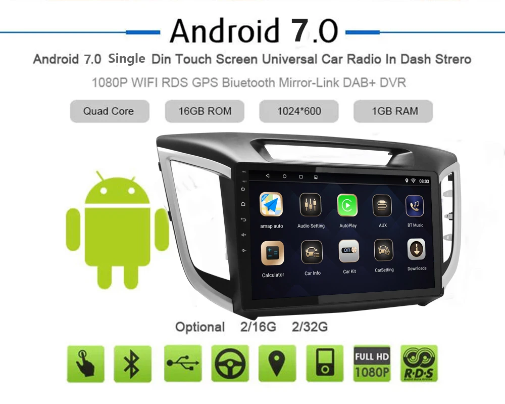Android 7 1 1din автомобильный DVD мультимедийный плеер авторадио для Hyundai IX25 2014 2018 GPS