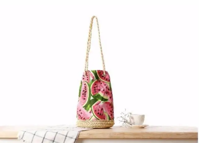 

Sackpack Straw Summer Beach Bag Fresh Fruit Watermelon Printing Tote Women Bucket Bag Canvas Shoulder Bag Woven HandBags