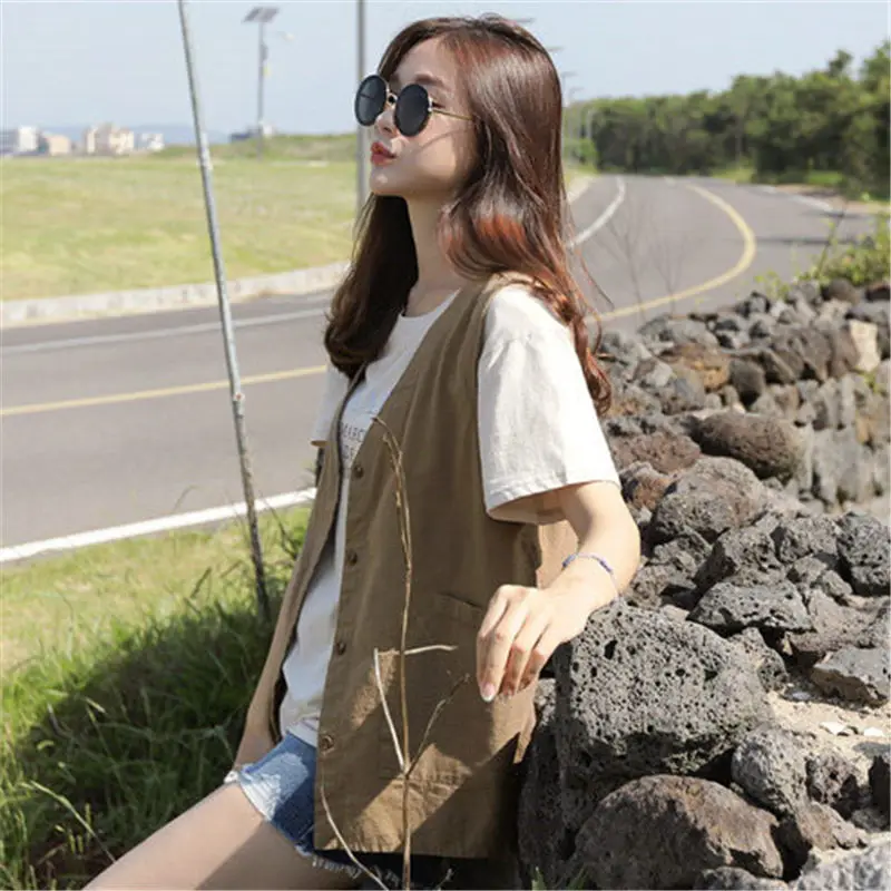 Женский жилет из хлопка и льна повседневный с V образным вырезом модель f798