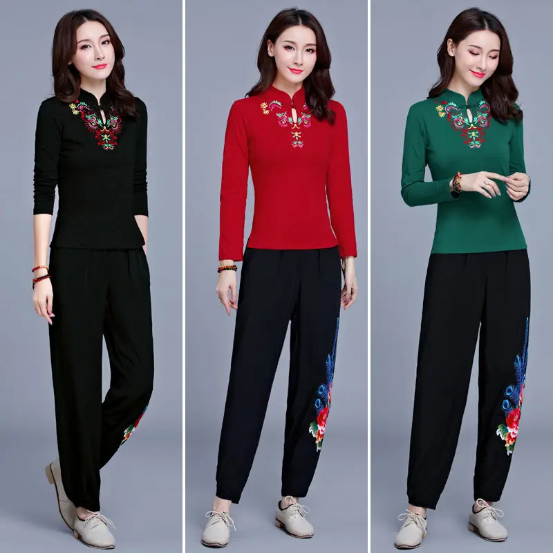 Винтажная Этническая ВЫШИТАЯ футболка с длинным рукавом для женщин, стоячий воротник, 95% хлопок, большие размеры, женские футболки, топы на осень