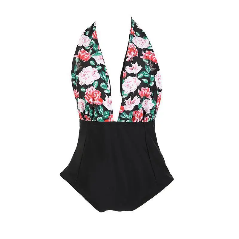Женский слитный купальник с цветочным принтом глубоким V образным вырезом и