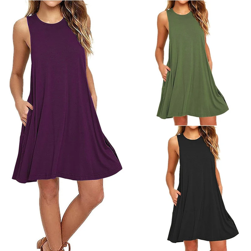

Women Fashion Dress Summer Casual Solid Ladies Sleeveless Trendy Loose Streetwear 3 Colors Black Vestidos
