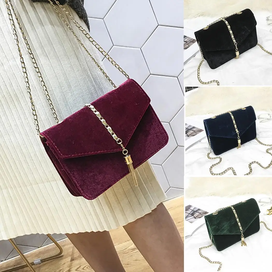Women Fashion Solid Mini Flap Velvet One Shoulder Bag Metal Chain Snap Button Casual Party Wedding Cocktail Tassel Hard | Багаж и сумки