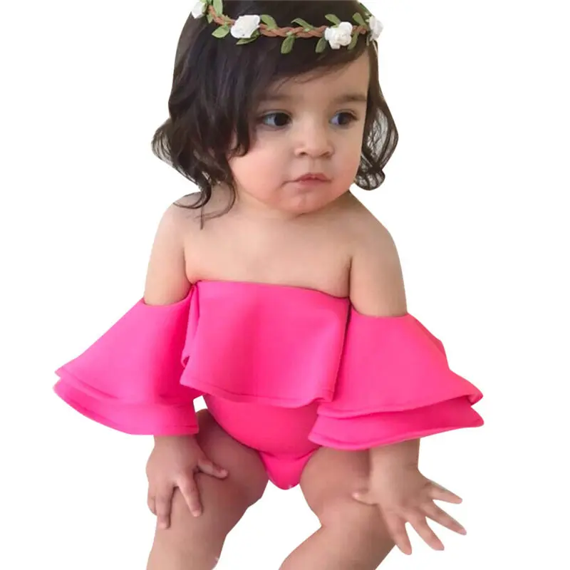 Hot Pink Модное летнее боди с рюшами для маленьких девочек; боди для новорожденных; детские комбинезоны с открытыми плечами; одежда для детей; Camisa бланка Bebe; 2 h - Цвет: Hot Pink