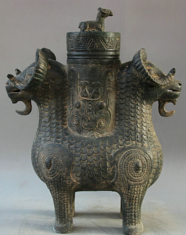 

song voge gem S2235 17" Old Chinese Bronze Folk Two Head Sheep Goat water wine vessel kettle pot