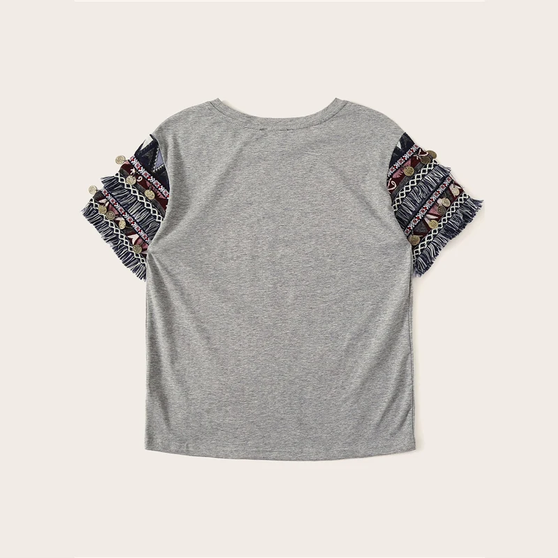 SHEIN, народный стиль, бахрома, отделка, Heathered Tee, Повседневная футболка, женская,, летняя, короткий рукав, эластичная, Boho, Милая футболка, топы