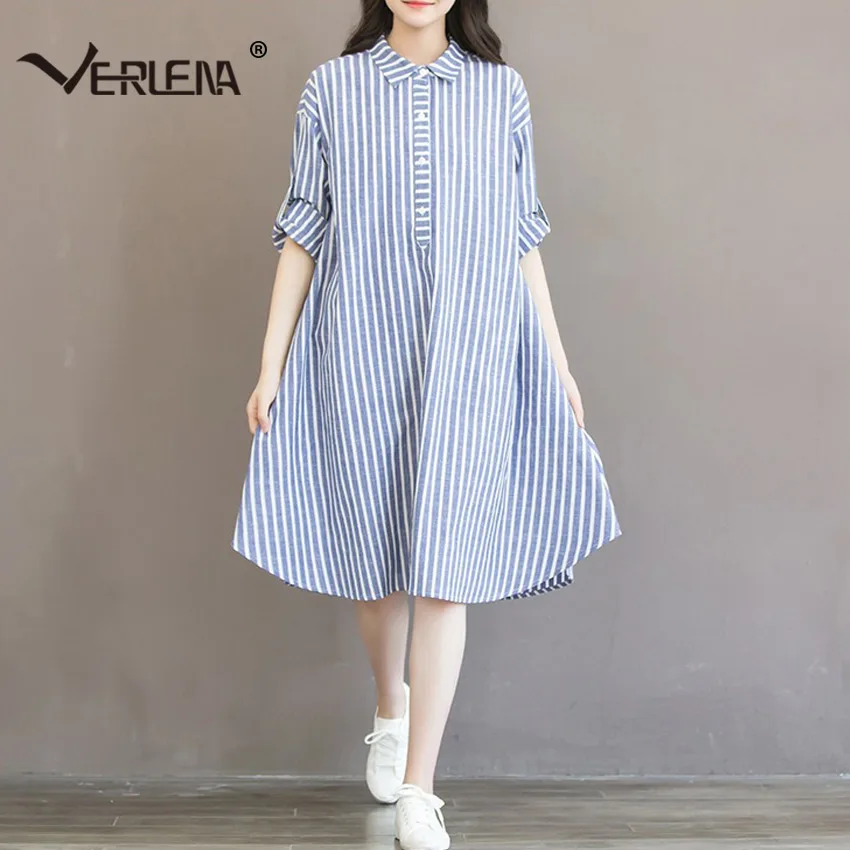 Verlena 2018 Plus Size White Stripe Summer Dress Line Button in Front Curved Hem Loose Women Linen Vestidos Knee Dresses | Женская