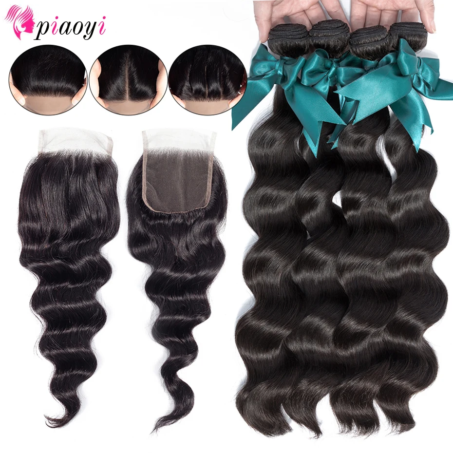 Piaoyi волосы свободные волнистые в наборе с закрытием Remy перуанские накладные