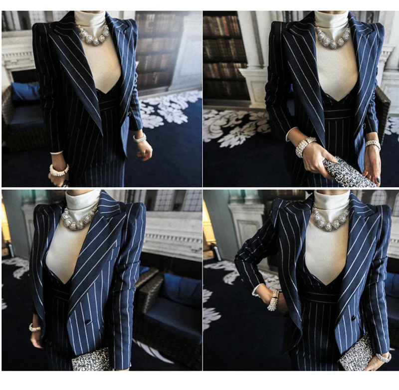 

2018 high quality Work Striped Office Lady skirt Suits Two Piece Sets Elegant Women Blazer Jacket + Fashion Sheath skirt Femme