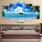 HD Печать на холсте настенные картины Современная Гостиная 5 панелей Пляж синие пальмы Декор постер 5 шт. картина рамка PENGDA
