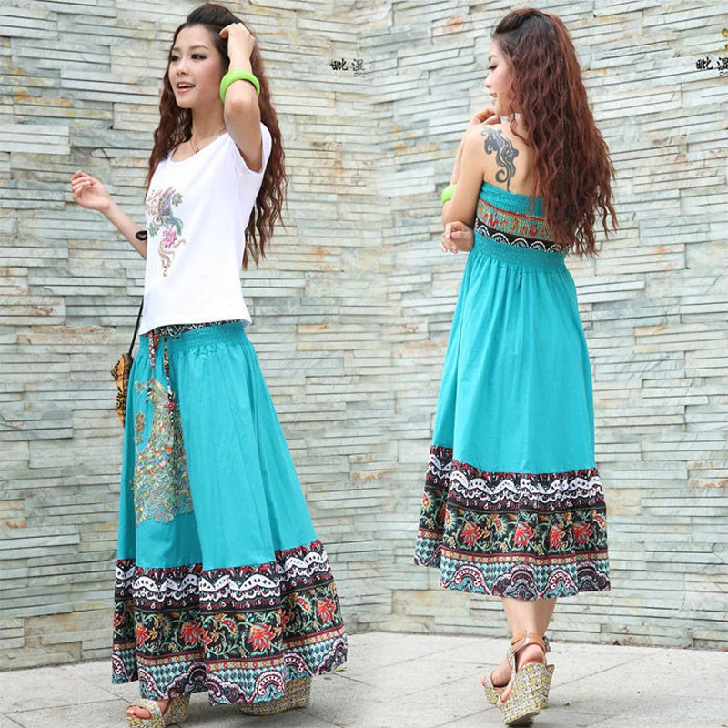 Женская пляжная юбка макси в богемном стиле Повседневная Зеленая хлопковая с