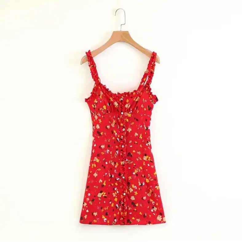 Летнее платье 2018 милое для женщин красное с цветочным принтом на петельках