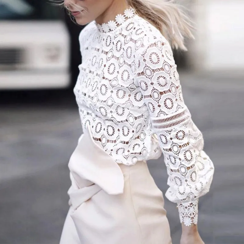 Black/white Floral Lace Hollow Out Perspective Long Lantern Sleeve Women Tops And Blouses Slim Elegant O Neck Women's Shirt |