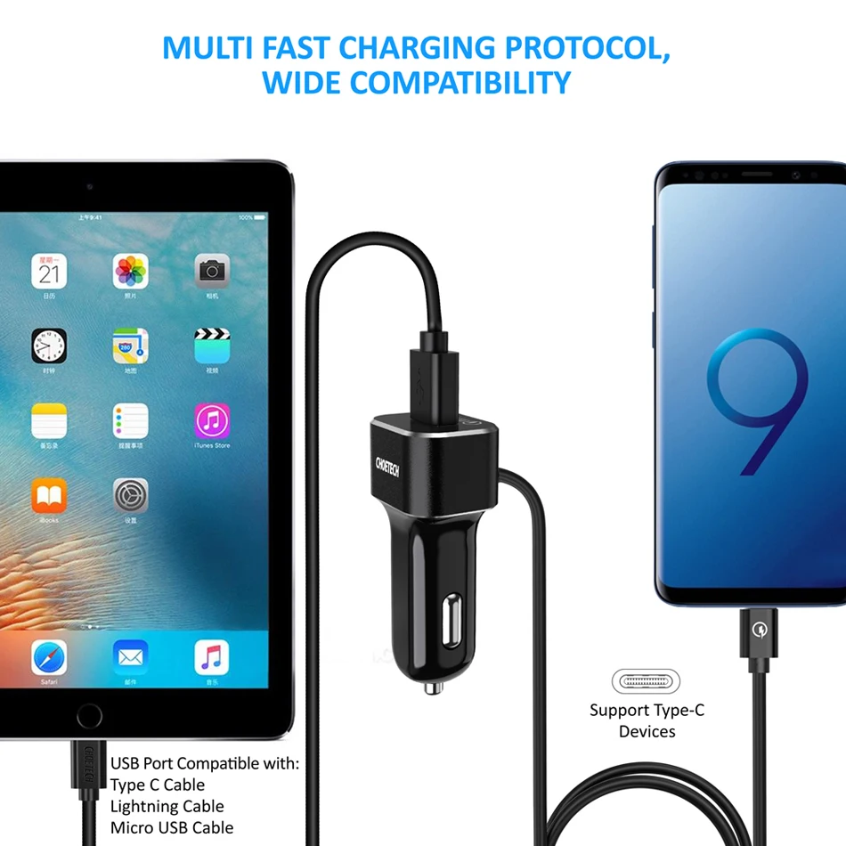 CHOETECH быстрое автомобильное зарядное устройство с разъемом usb type-C кабель 36 Вт