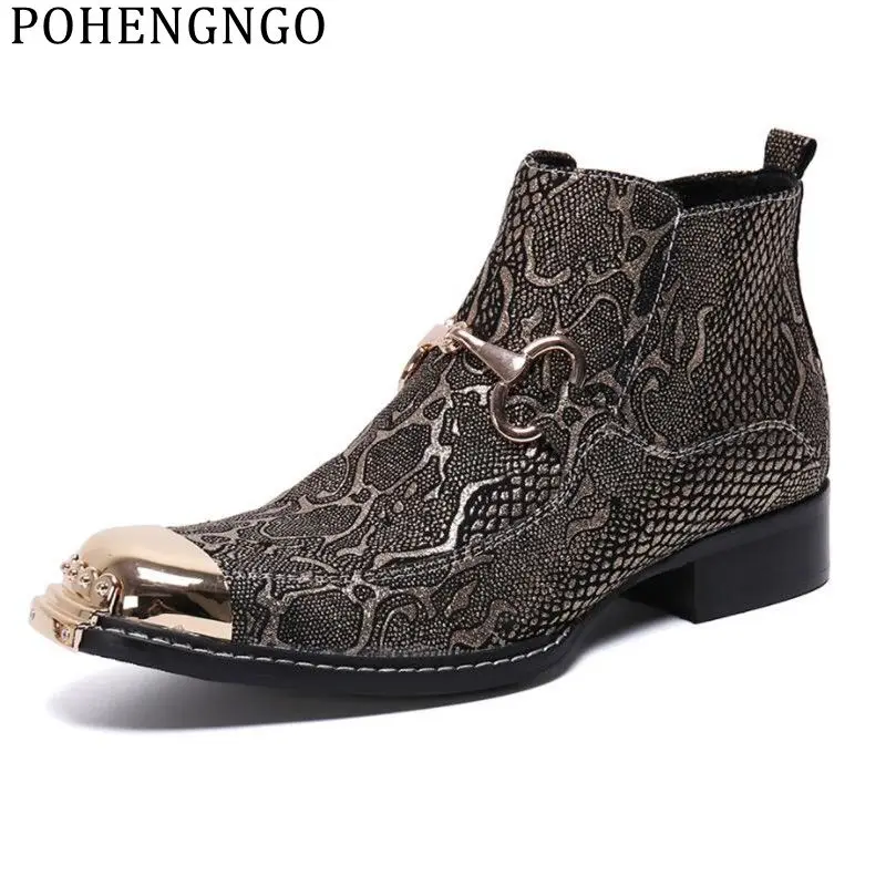 

New Punk Men Gold Silver Printing Short Boots Italy Genuine Leather Buckles Party/Runway/Wedding Shoes Rock Men Cowboy Boots