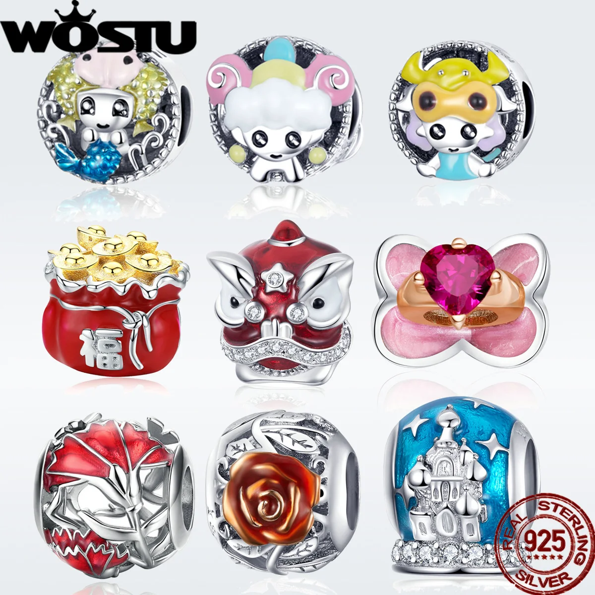 WOSTU настоящие серебряные бусины 925 пробы для изготовления ювелирных изделий, горячая мода, 12 стилей, цветные бусины в виде гвоздики льва для ювелирных изделий