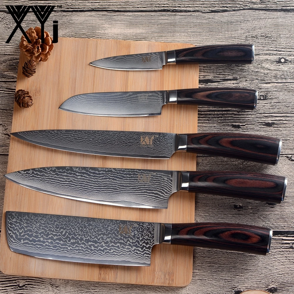 XYj Дамаск Кухня ножи Новое поступление 2019 Цвет деревянной ручкой комплект из 5