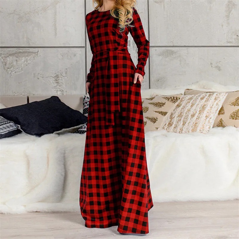 Rauen Herbst Rot/Blau клетчатые Boho Kleider Damen Langarm повседневные Mode Lange Макси Kleid вечерние Strand