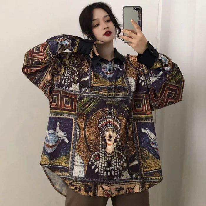 BF Harajuku уличная женская одежда блузки винтажная рубашка оверсайз с принтом