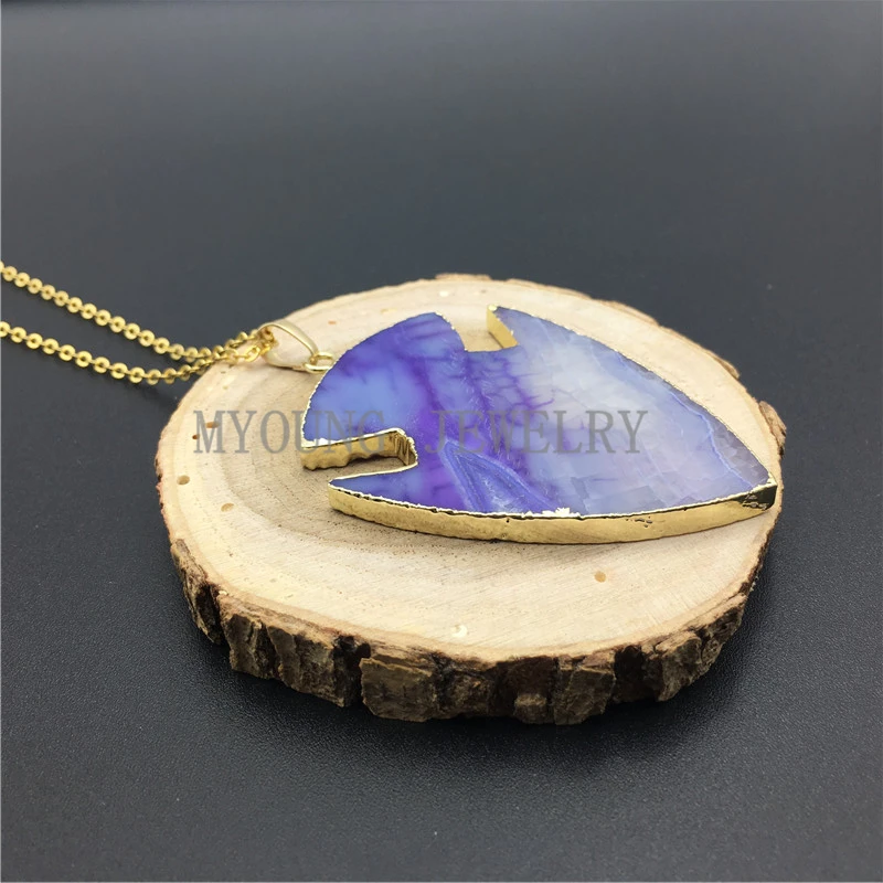 MY0887 Big Blue Arrowhead Agates Pendant Necklace Fish Shape Dragon with Pure Gold Color Chain kolye | Украшения и аксессуары