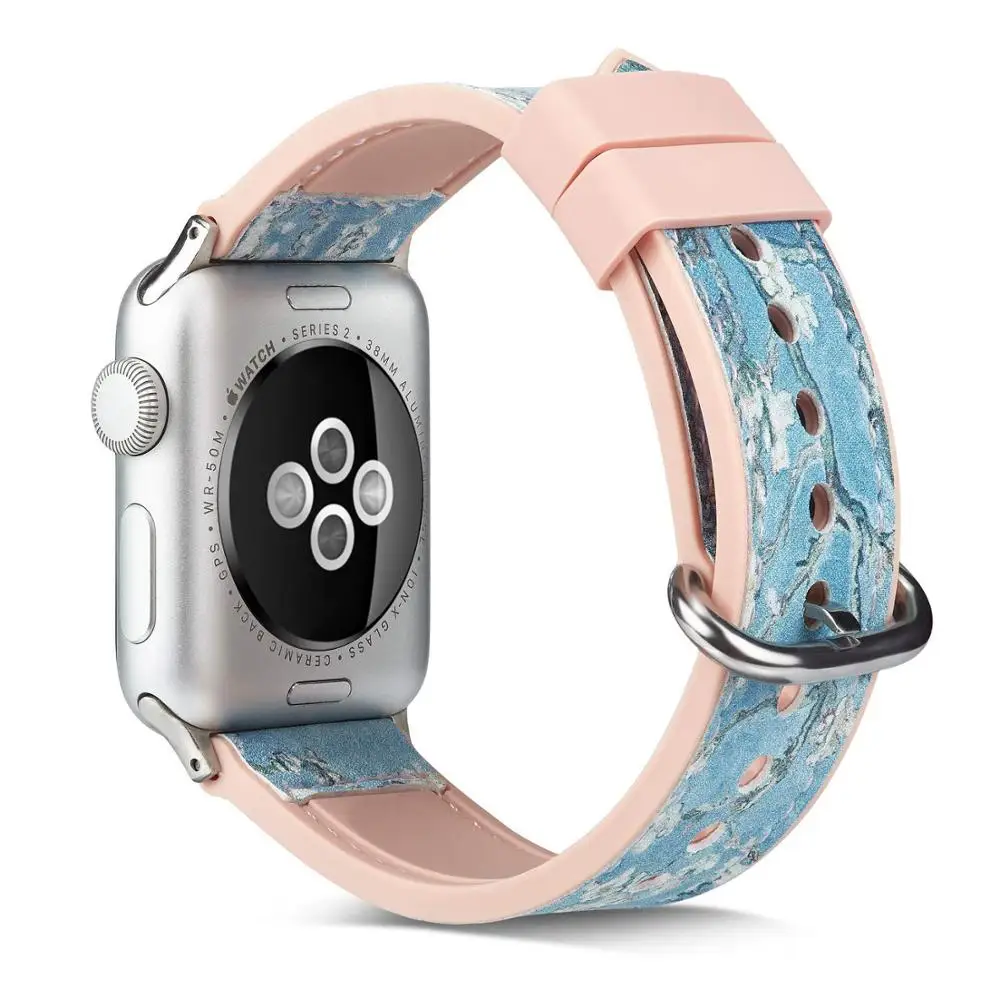 Plum Blossom Ремешок для Apple Watch, 38, 42 мм, версия 40/44 мм, с цветочным узором и изображением оленей из силикона и кожаный ремешок для наручных часов iWatch, ремешок для Apple Watch браслет Series 5 4 3 2 1 - Цвет ремешка: Plum Blossom