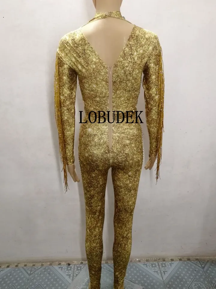 Zentai женский сценический костюм с золотыми стразами и кисточками сексуальный