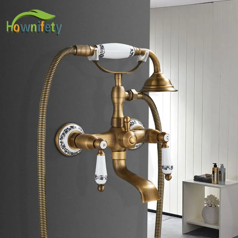Настенный латунный Смеситель для душа и ванны излив с двумя ручками телефонный