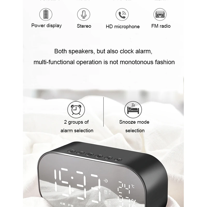 Multifunction Digital Temperature Alarm Clock Wireless Bluetooth Table with Speakers Home Mini LED Display | Дом и сад