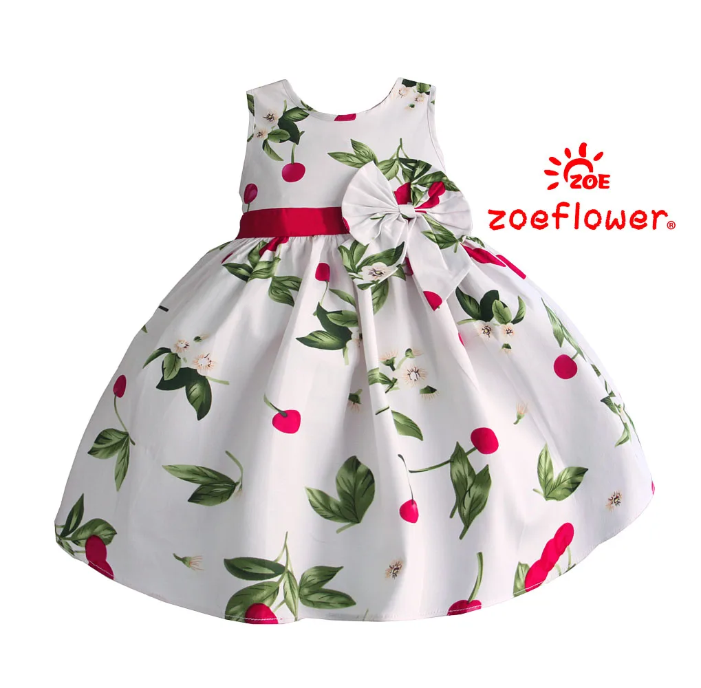 

Zoeflower New Summer Girls Cute Berry Printed Bowknot Sashes O-neck Sleeveless Cotton Woven Princess Quality long Vest Dresses