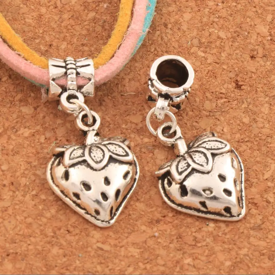 

trawberry With Leaf Big Hole Beads 14.7x30.5mm 21pcs zinc alloy Dangle Fit European Bracelets Jewelry DIY B930