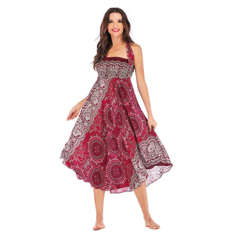 Frauen Rock 2019 Rosa Rot Lange хиппи Богемный Цыганский Boho Blumen Elastische Taille Цветочный Холтер rёcke