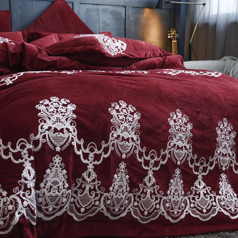 Red Wine Luxury Royal Embroidery Winter Thick Velvet Flannel Bedding Set Fleece Fabric Duvet Cover Bed Linen/sheet Pillowcases | Дом и сад