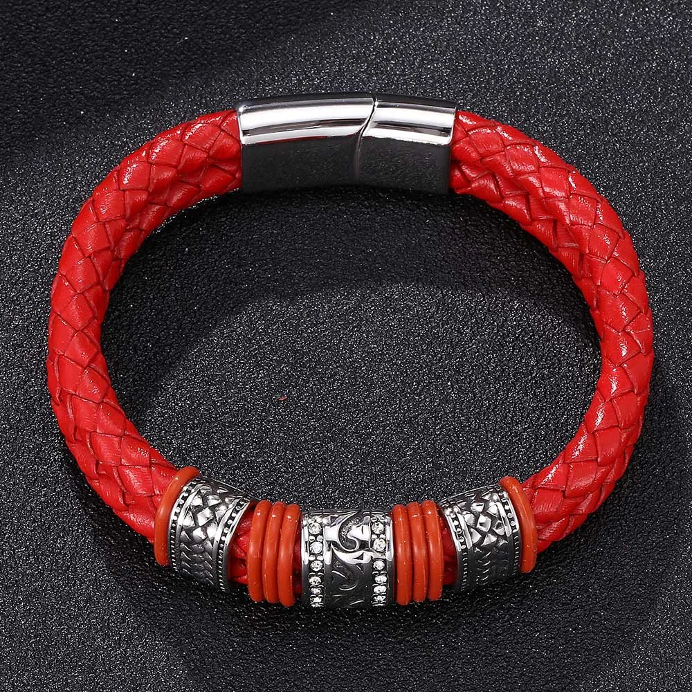Модный мужской простой черный деловой кожаный вязаный браслет Дамский красный