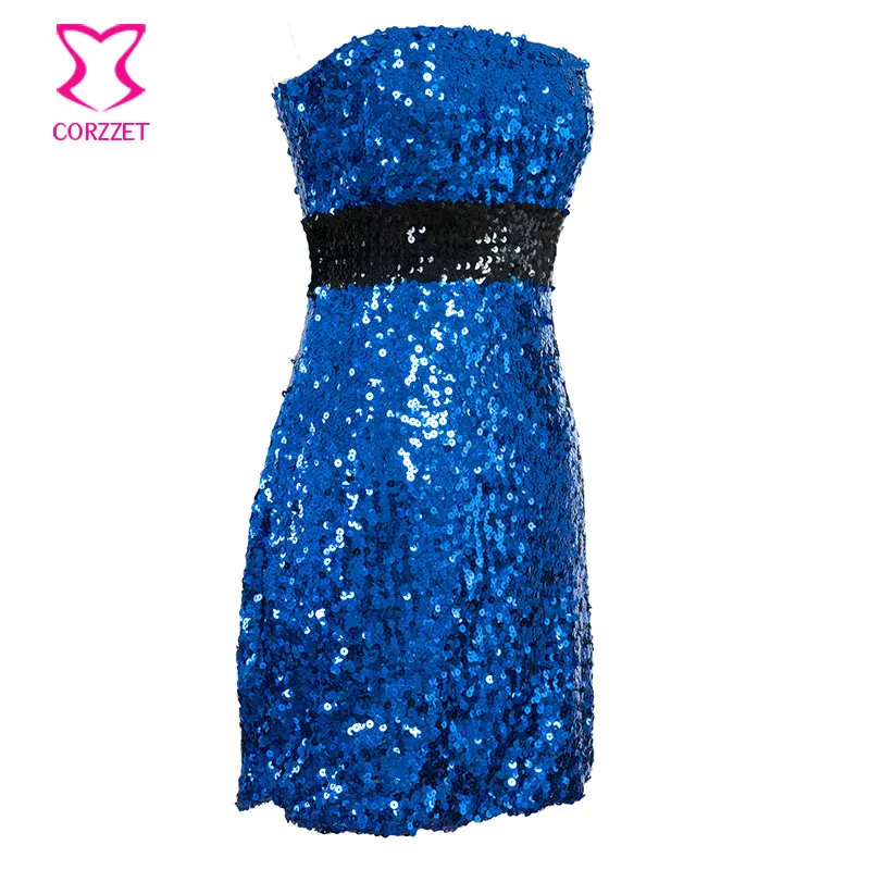 Женское вечернее мини платье контрастных цветов с блестками без бретелек синего
