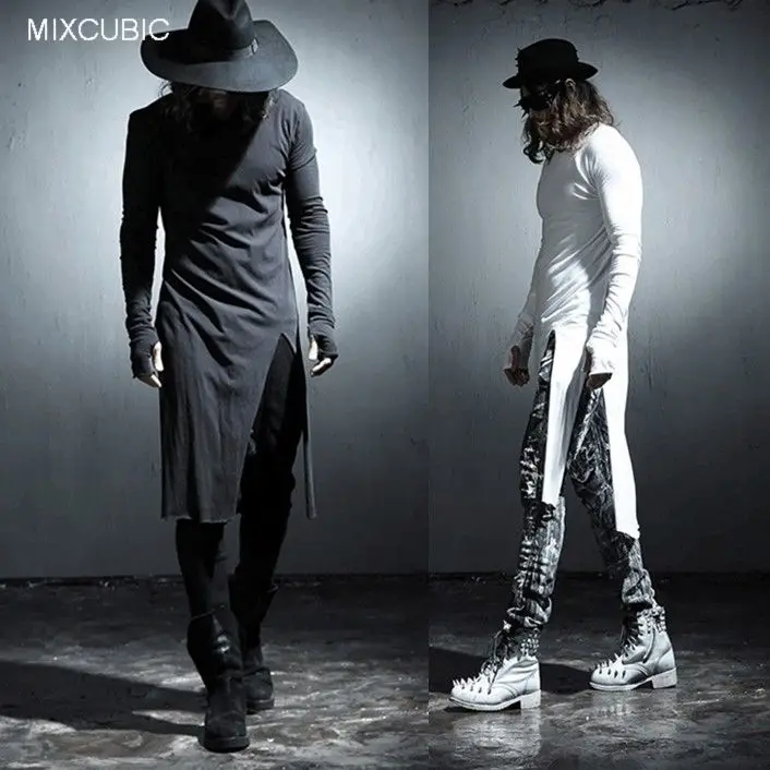 MIXCUBIC spring summer Night costumes unique Cut broken design t-shirt for men Long section casual slim T-shirts tops tees M-XL | Мужская