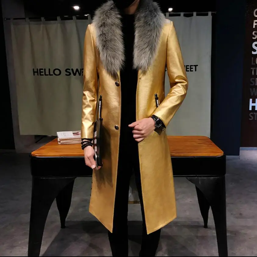M-3xl мужской Тренч из искусственной кожи с меховым воротником корейский длинный