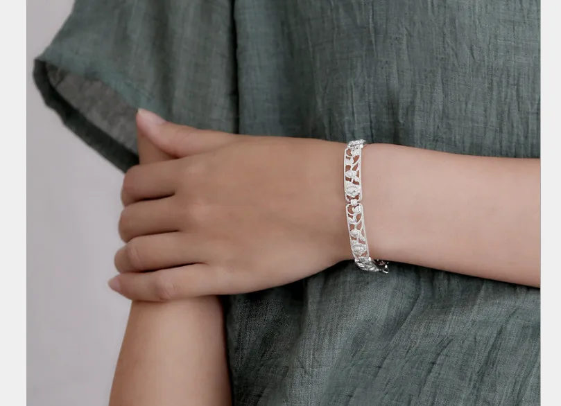 

Uglyless Real S990 Silver Flower Bangles for Women Handmade Engraved Plants Hollow Wide Bangle Adjustable Ethnic Jewelry Vintage