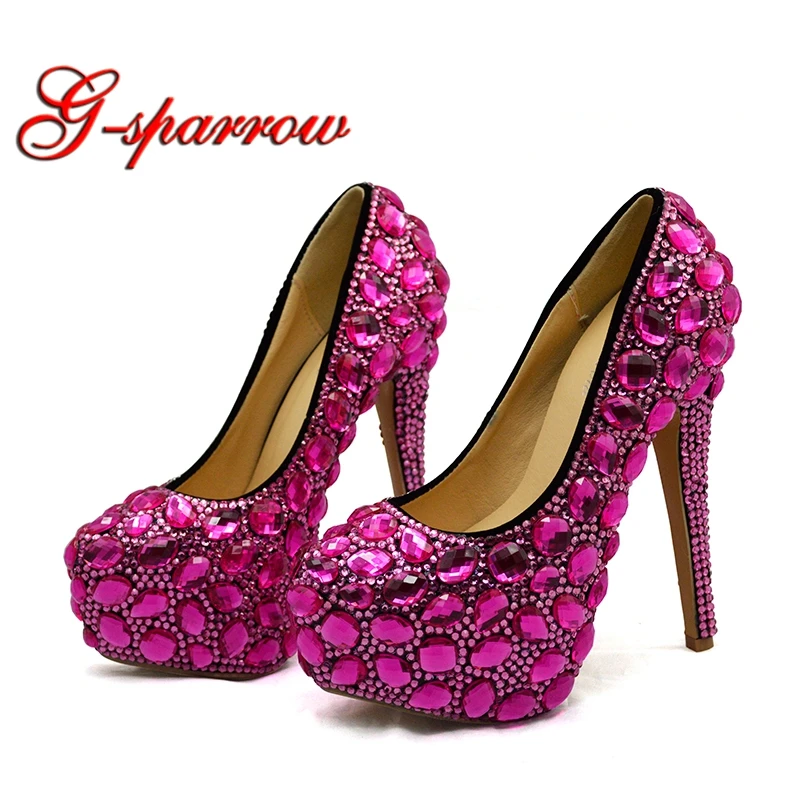 

Fushsia Rhinestone Wedding Shoes Round Toe High Heels Thin Heel Platform Bridal Dress Shoes Lady Gorgeous Honeymoon Shoes