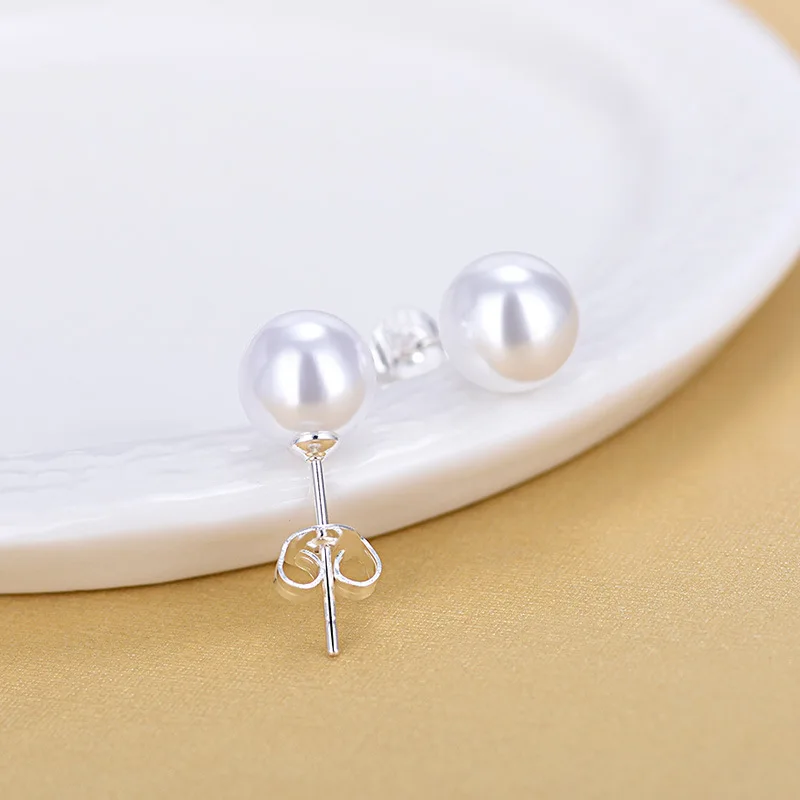 

925 Sterling Silver Single Round Simulated Pearl Stud Earrings For Women Jewelry 2021