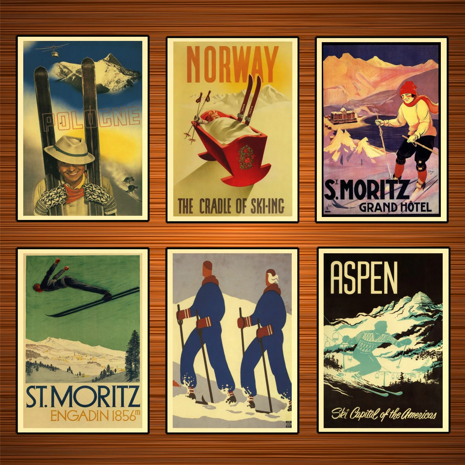 Винтажный спортивный постер для катания на лыжах и путешествий классические