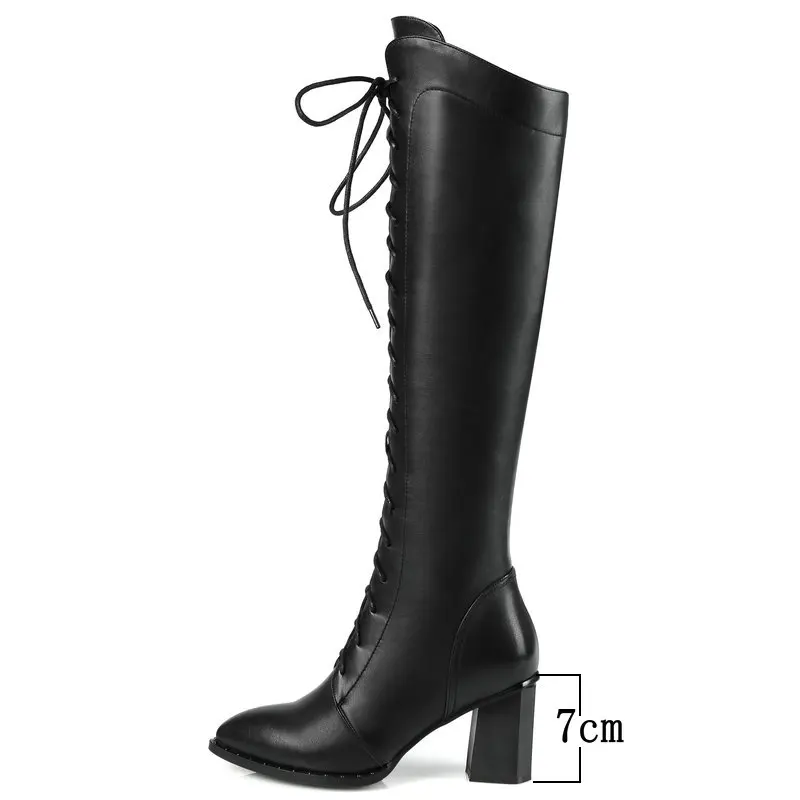 spesifikasi Wanita Asli Kulit Menunjuk Toe Renda Up Square Hak Tinggi Sepatu Bot Setinggi Lutut Fashion Sisi Ritsleting Gaun Musim Dingin Sepatu Bot Hitam Coklat