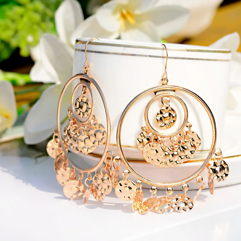 TopHanqi богемные золотые индийские серьги jhumkas, очаровательные модные ювелирные изделия, большие круглые металлические серьги-подвески с блестками для женщин