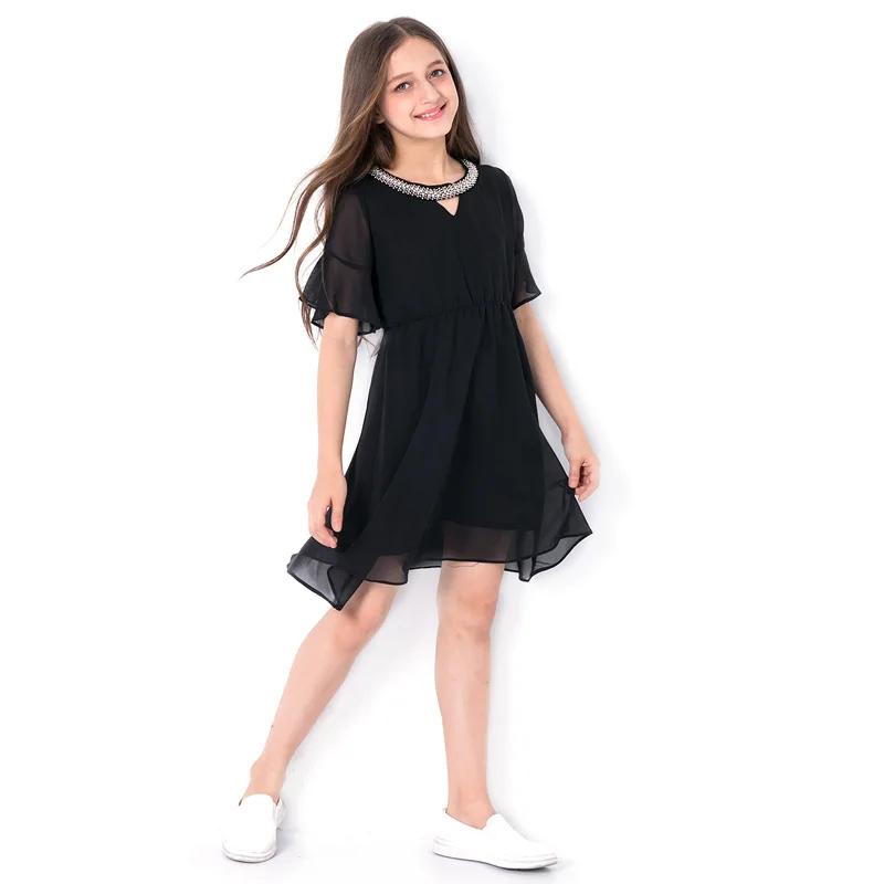Summer Sequined Girls Black Chiffon Dress Elegant Teenage Clothing 6 8 10 12 14 years | Детская одежда и обувь