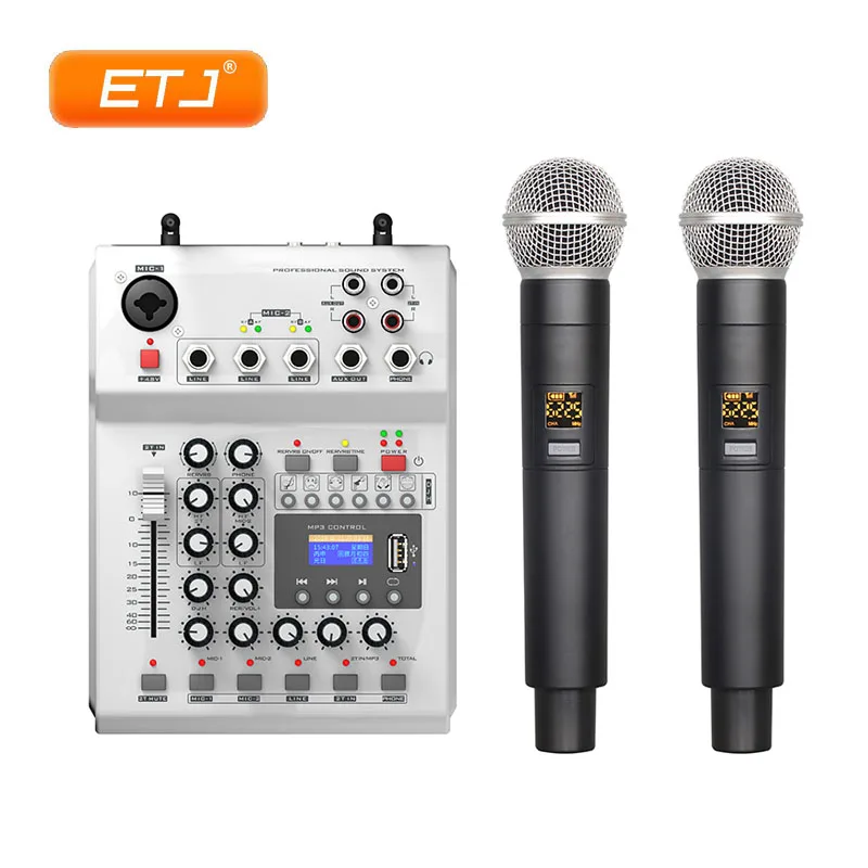 USB аудио DJ Караоке микшер микрофон 2 беспроводной микрофон 48V фантомное питание для KTV