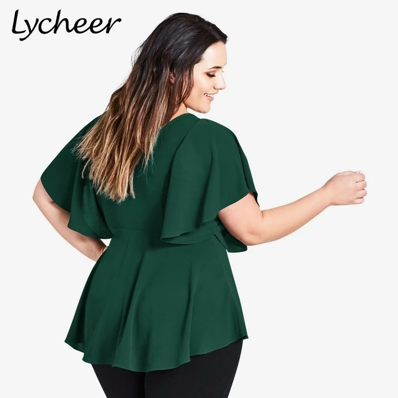 Женская блузка с баской Lycheer элегантная однотонная оборками и коротким рукавом