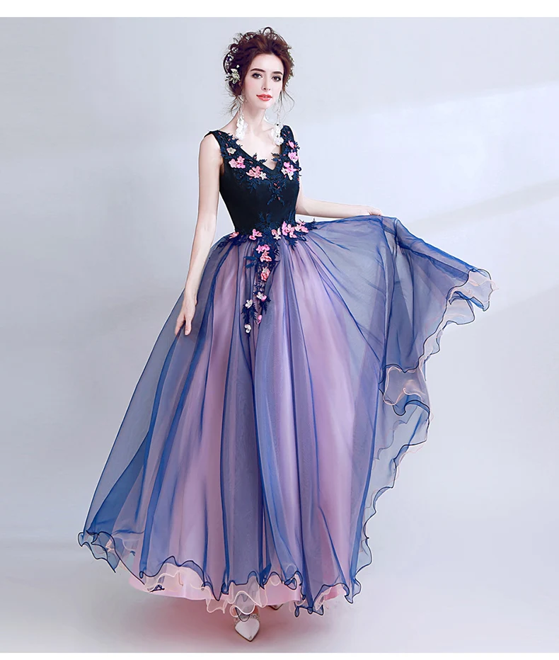 Robe de soiree, кружевное платье с v-образным вырезом, без рукавов, с бисером, синее, роскошное, элегантное, длинное, вечернее платье, знаменитые Аппликации, цветы, вечерние, торжественное платье