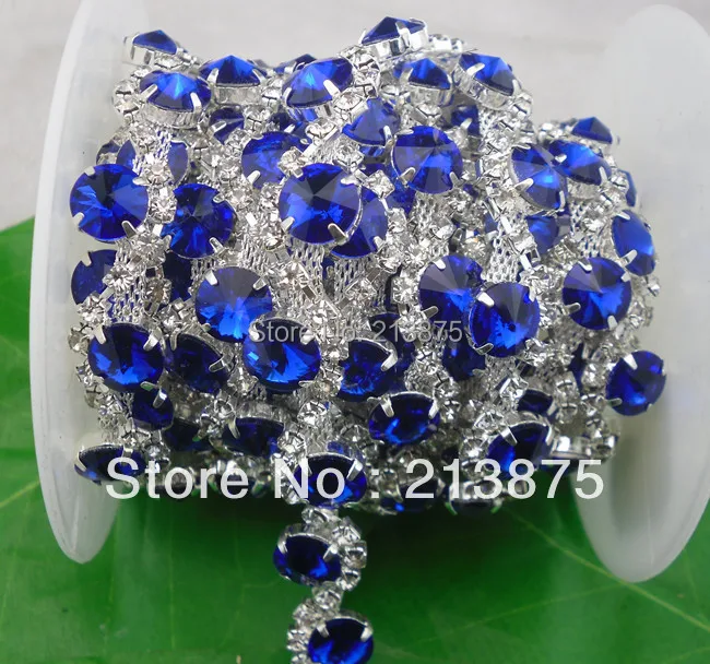 

Free shipping 1 Yard 10mm Sapphire blue crystal glass rhinestone silver chain claw Applique Wedding dress Wedding Decoration